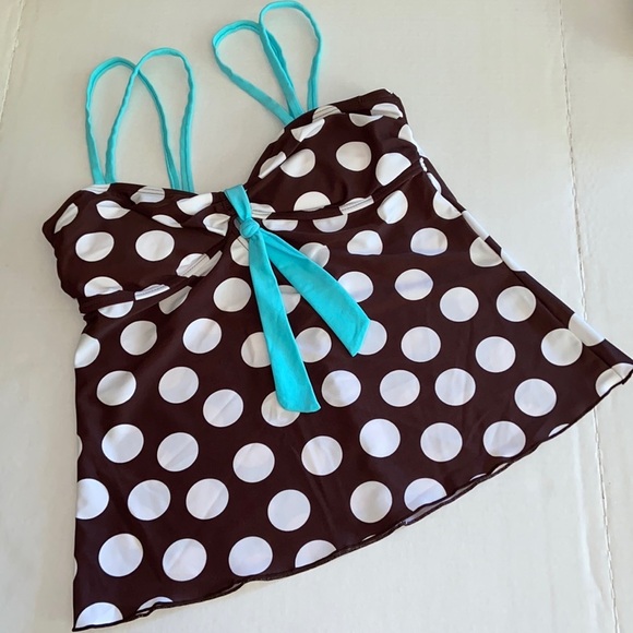 Ocean Dreams Size 12 Brown White Polka Dot Turquoise Double Straps Tankini - Picture 2 of 7